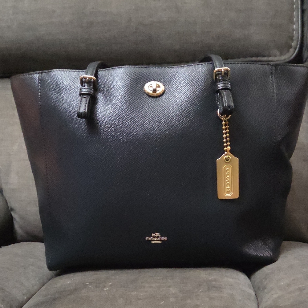 Coach Navy Tote with Gold Accents